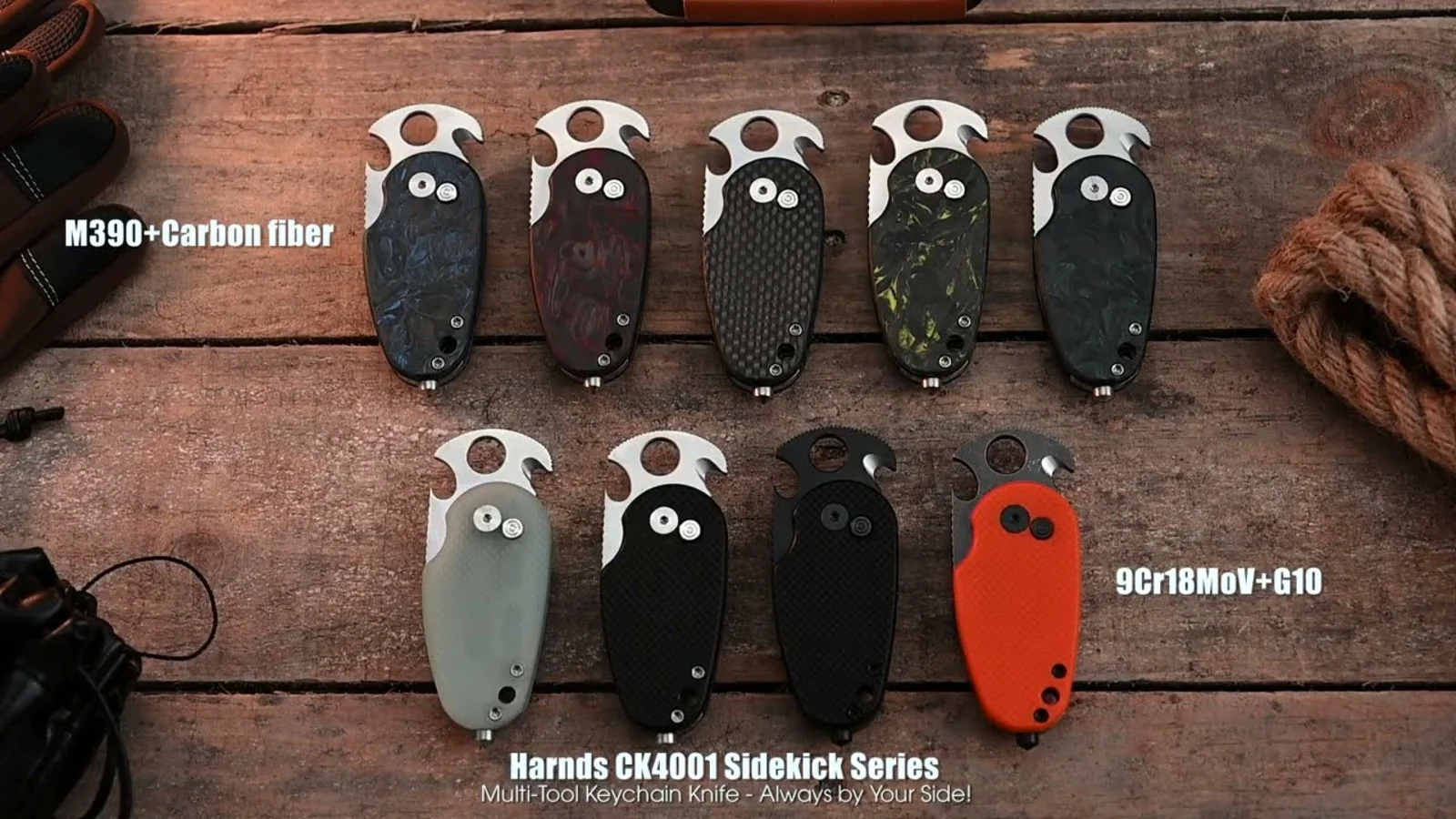Nine Harnds Sidekick compact folding knives in G10 and carbon-fiber finishes arranged on a workbench