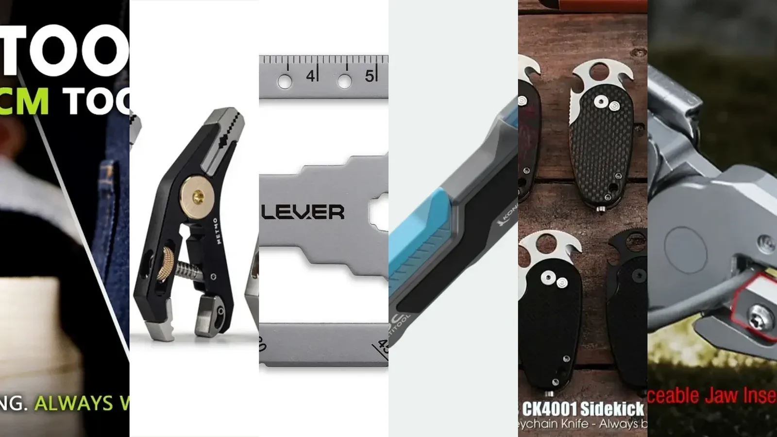 Six EDC multitools arranged on a workbench
