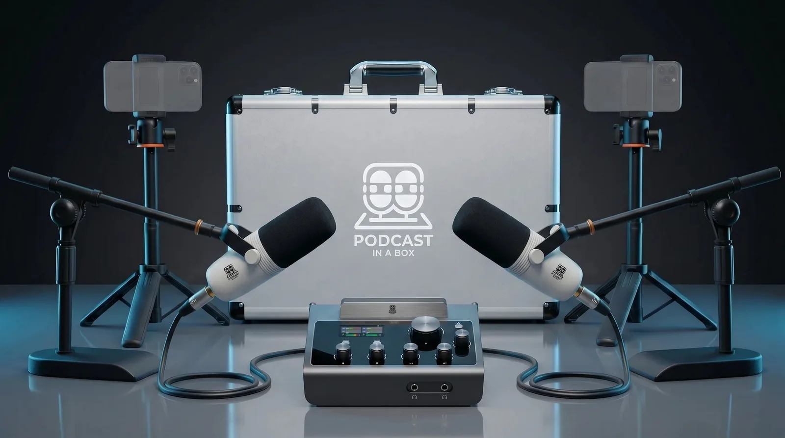Podcast in a Box portable kit with microphones, boom arms, tripods and audio interface