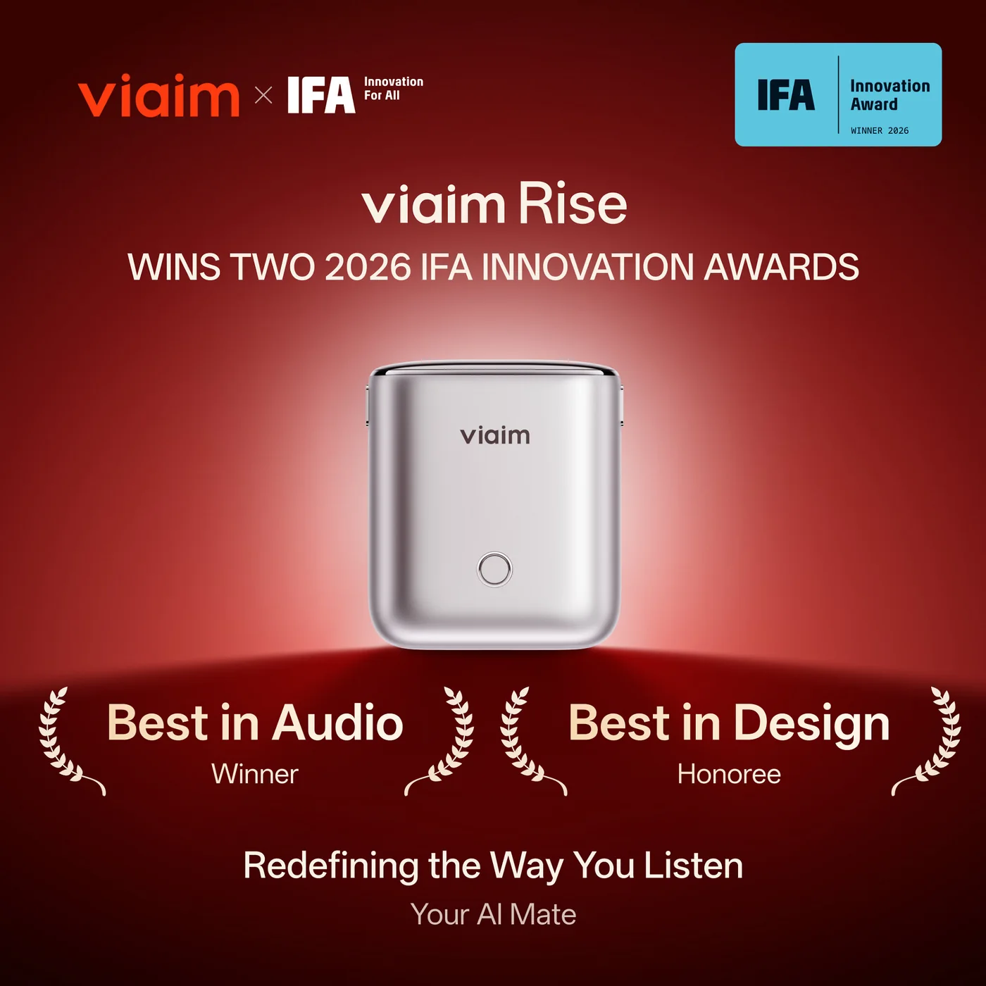 viaim Rise AI note-taking earbuds with their smart charging case