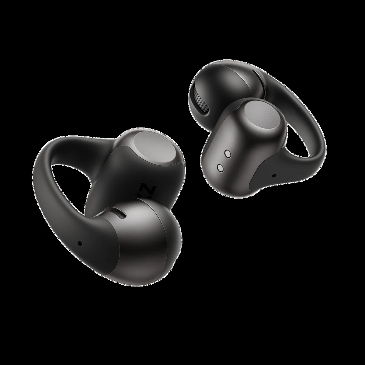 Woman wearing white Shokz OpenDots 2 clip-on earbuds