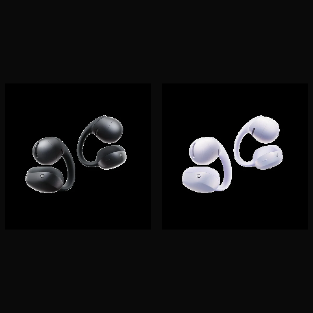 Shokz OpenDots Air earbuds and charging cases in purple and black