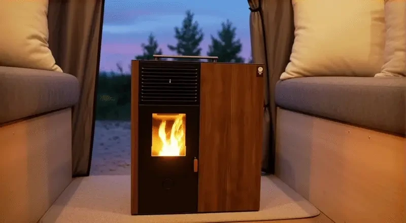 Magenic CAMPel9 forced-air pellet heater shown outdoors