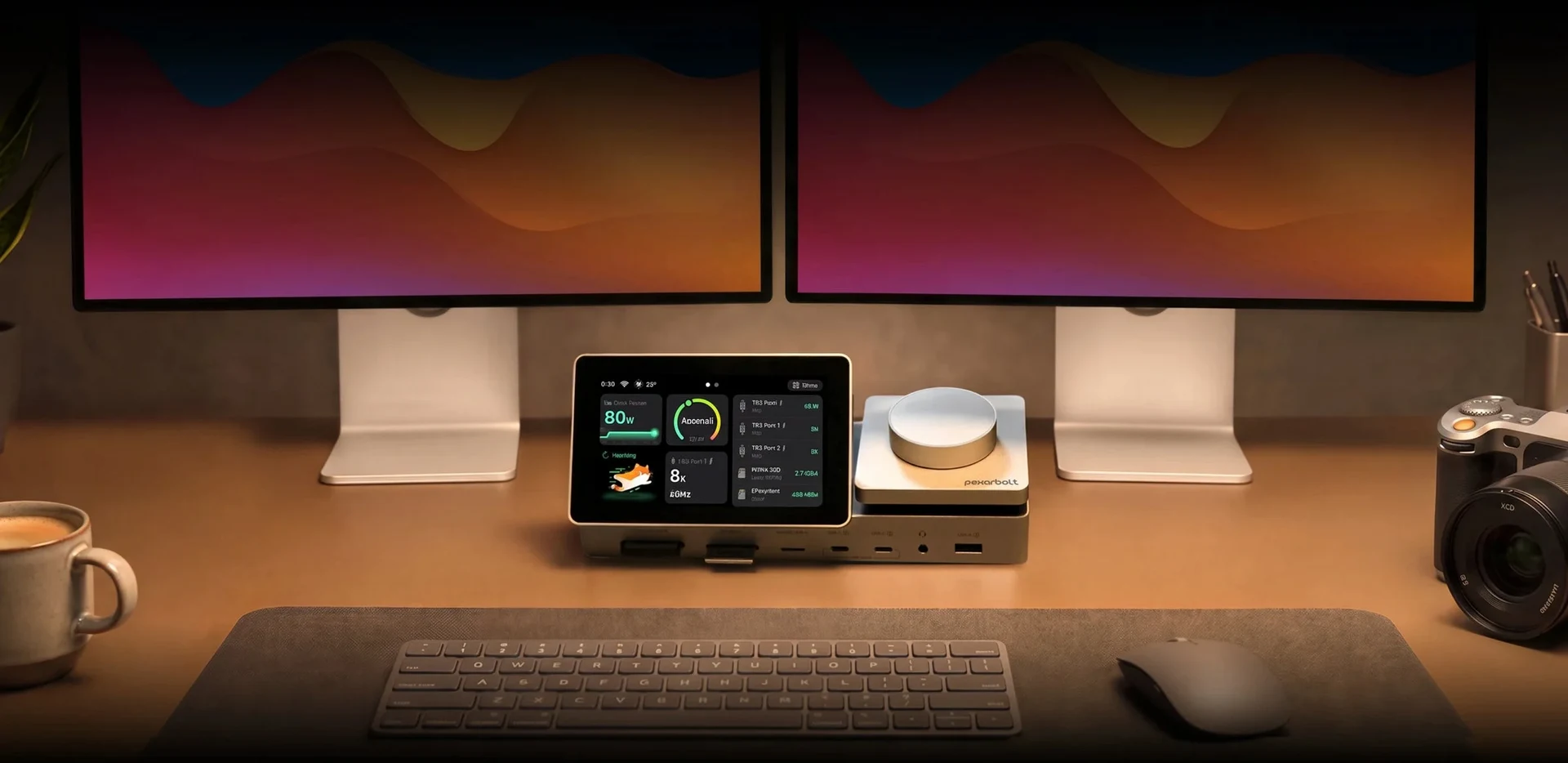 PexarBolt Ultra Thunderbolt 5 dock beneath two monitors with its live dashboard visible