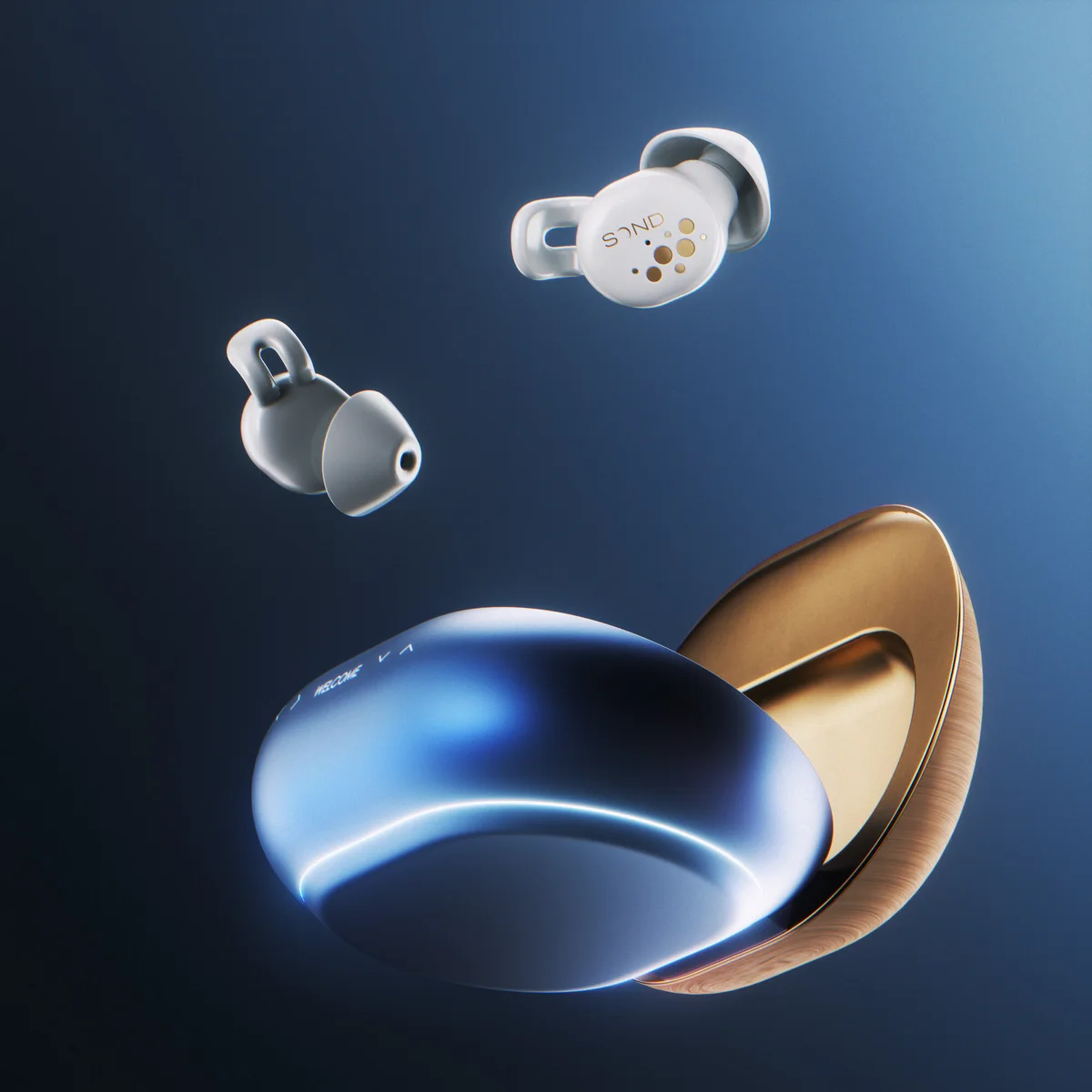 White Sond Dreambuds floating above their blue and gold charging case