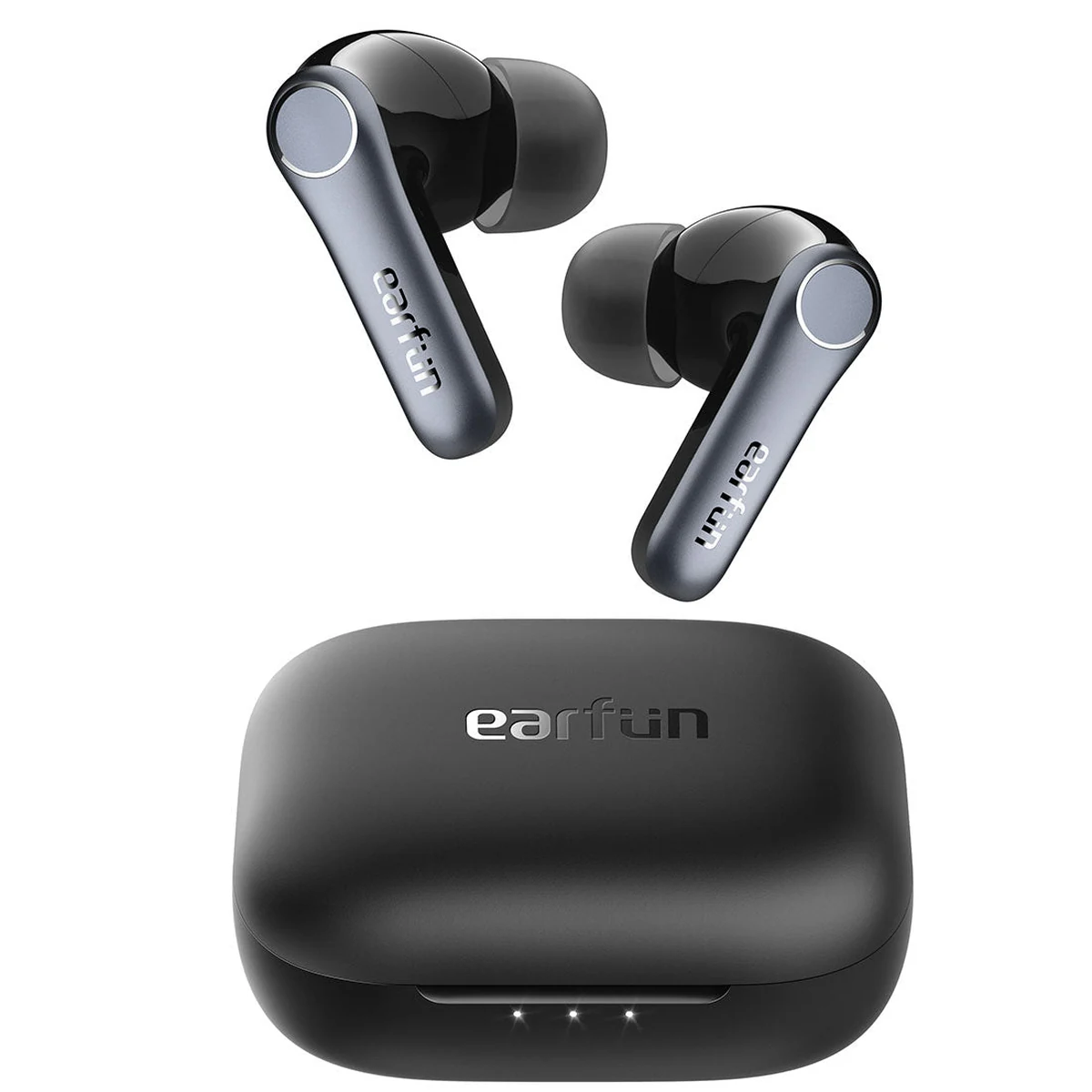Black EarFun Air Pro 4 wireless earbuds with their open charging case