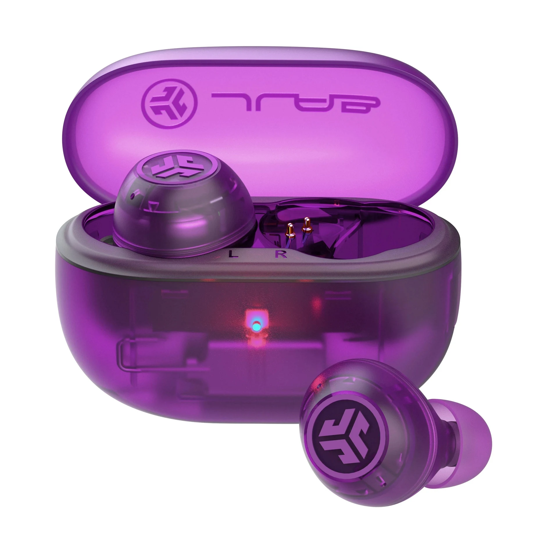 Purple JLab Go Pop ANC wireless earbuds with their transparent charging case