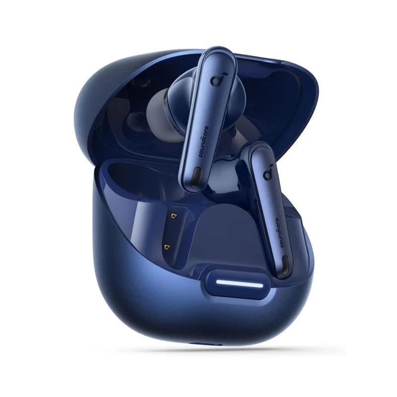 Blue Soundcore Liberty 4 NC wireless earbuds beside their open charging case
