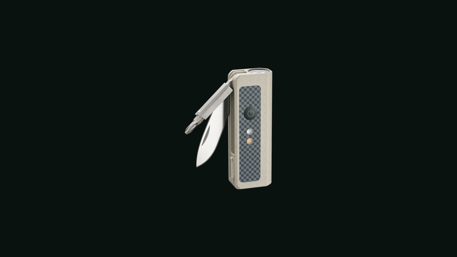 Black OKNIFE MK three-in-one pocket tool with folding blade, bit driver and flashlight