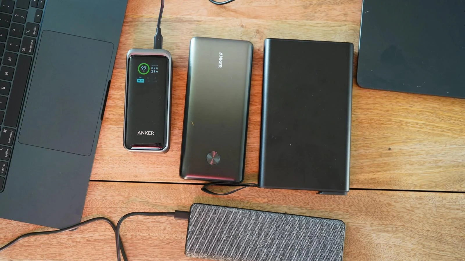 Four portable power banks arranged together