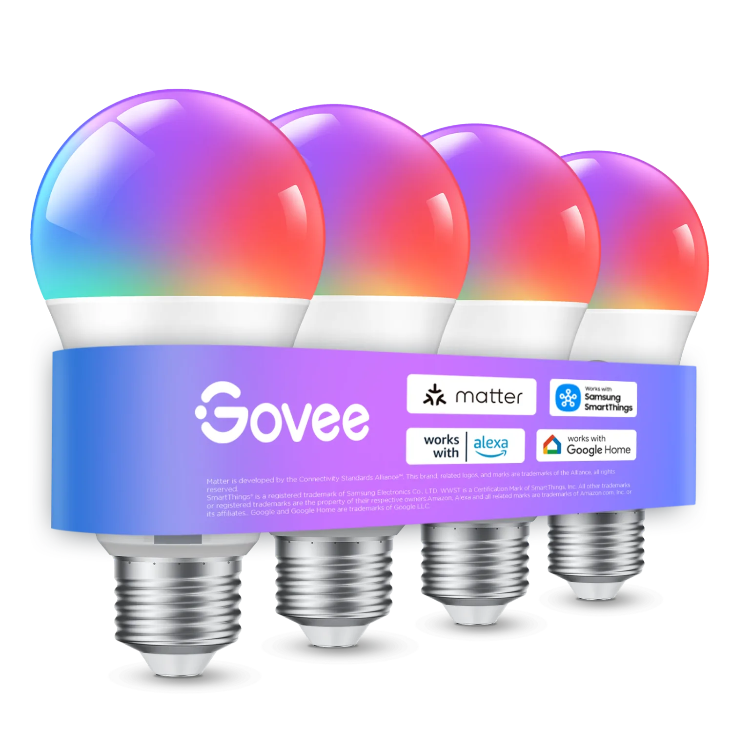 Four Govee A19 RGBWW smart light bulbs with multicolor illumination